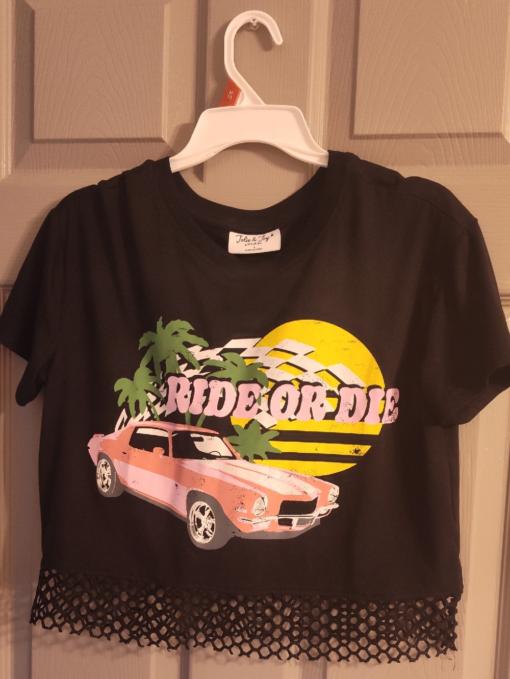 Ride or Die Graphic Crop Tee - Black with Pink Car & Yellow Sunset